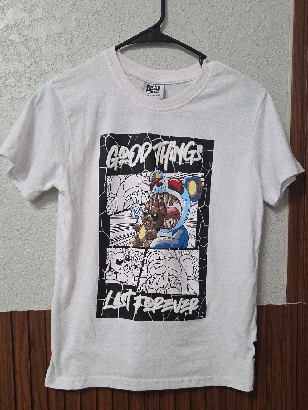 Graphic Cartoon Bear Tee - White with Blue & Brown Print Size 10-12 [0097]
